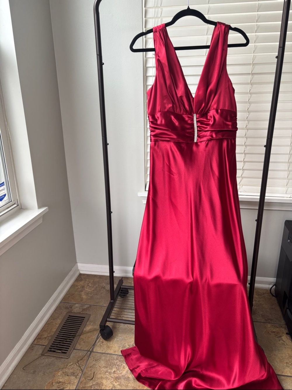 Eliza J Red Satin V-Neck Prom Gown with Waist Accent